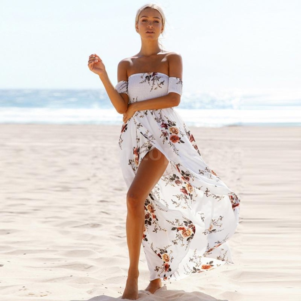 Off The Shoulder Boho Floral Chiffon Dress